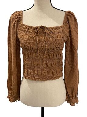 American Eagle Outfitters Brown Smocked Long-Sleeve Blouse